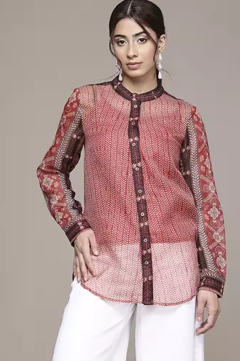 rust cotton shirt with printed work design