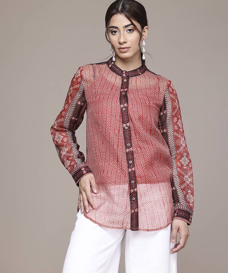 rust cotton shirt with printed work design