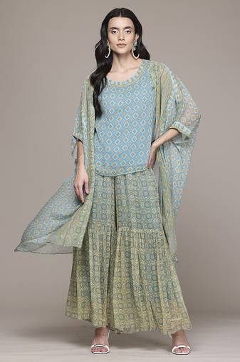turquoise chiffon sharara with printed work design