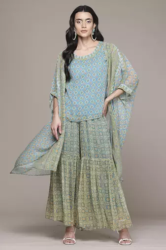 turquoise chiffon sharara with printed work design