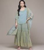 turquoise chiffon sharara with printed work design