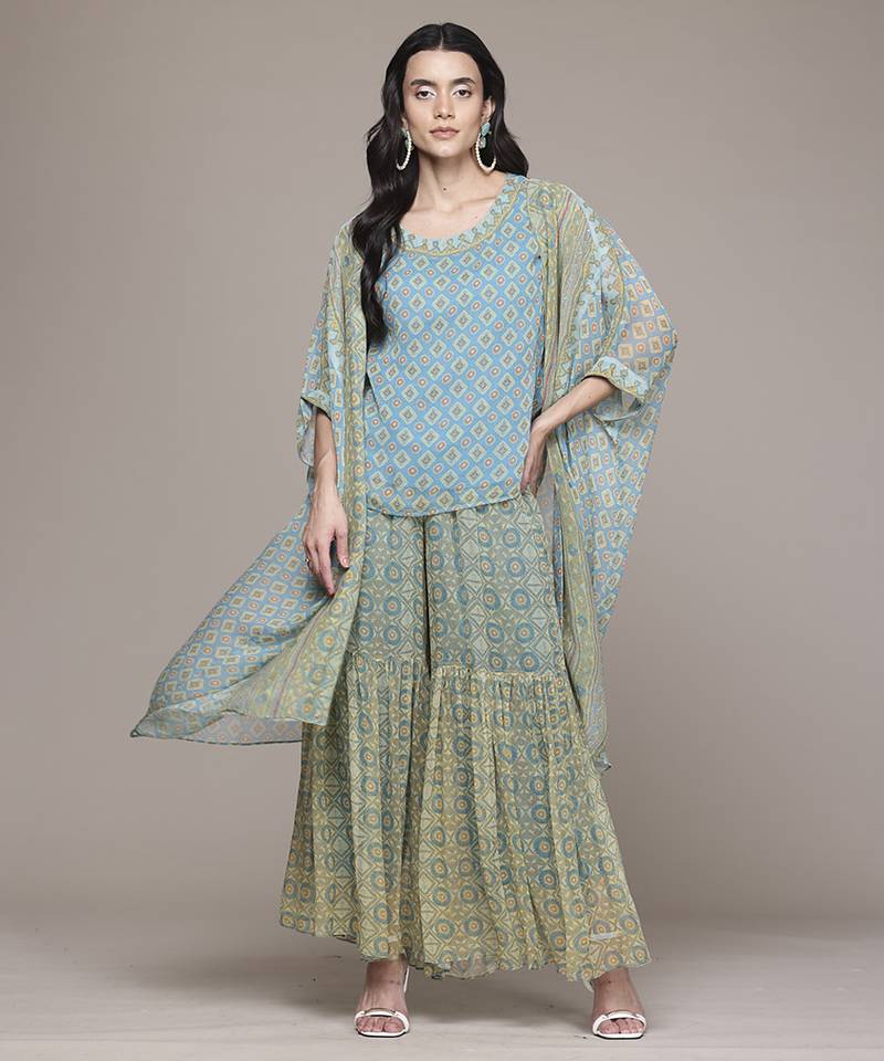 turquoise chiffon sharara with printed work design