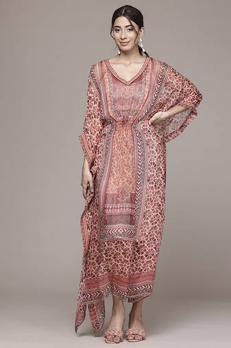 rust chiffon kaftan with printed work design