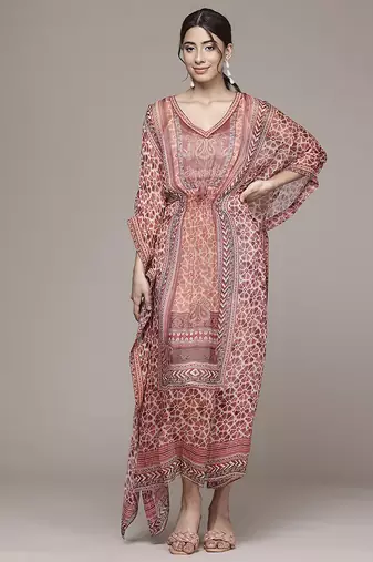 rust chiffon kaftan with printed work design