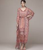 rust chiffon kaftan with printed work design