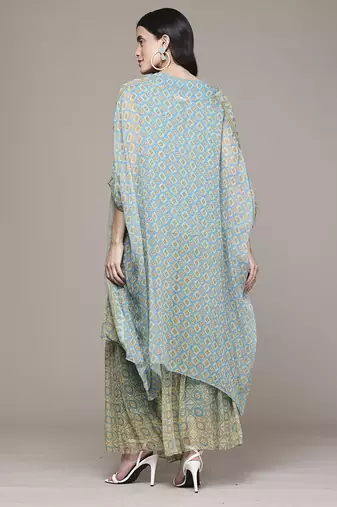 turquoise chiffon sharara with printed work design