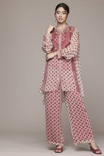 red chiffon kurta set with printed work design