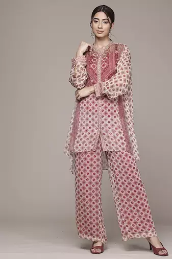 red chiffon kurta set with printed work design