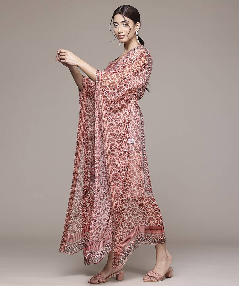 rust chiffon kaftan with printed work design