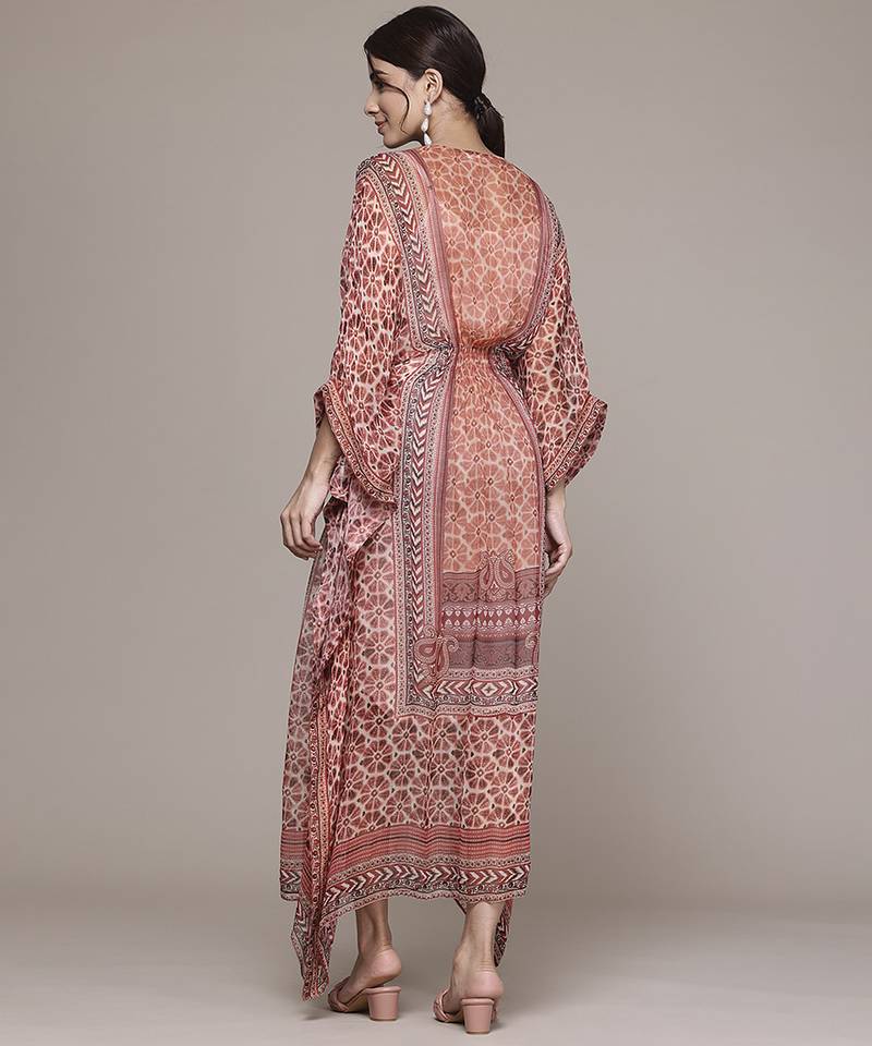rust chiffon kaftan with printed work design
