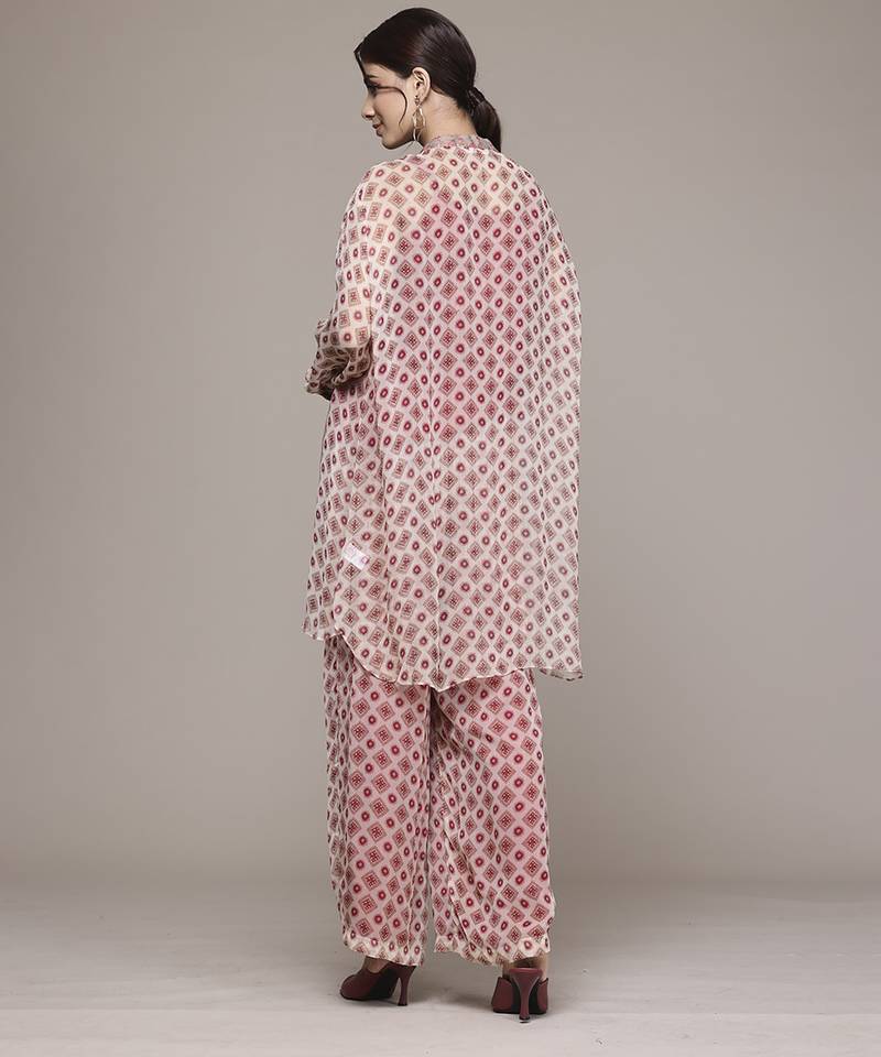 red chiffon kurta set with printed work design