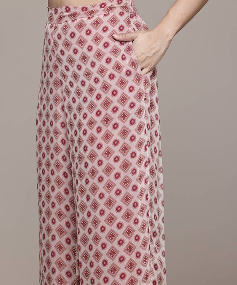 red chiffon kurta set with printed work design