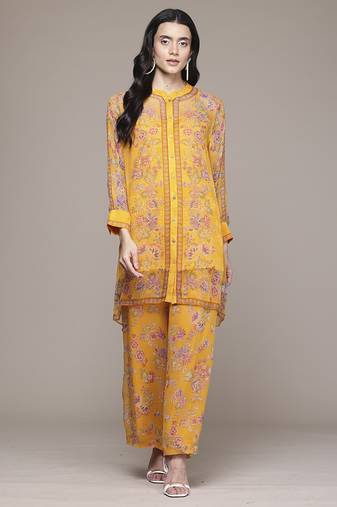 yellow chiffon kurta set with printed work design
