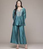 teal viscose kurta set with embroidered work design