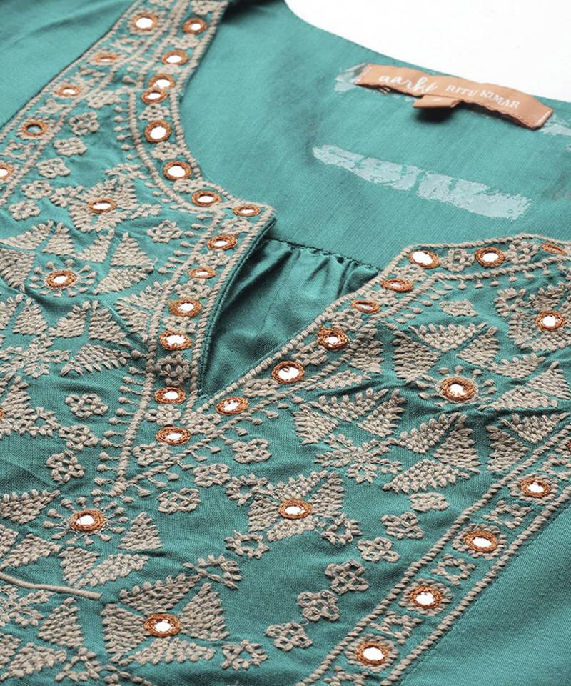 teal viscose kurta set with embroidered work design