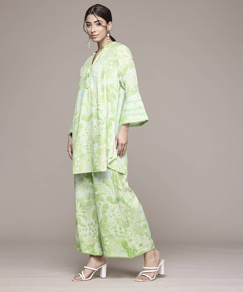 green rayon kurta set with printed work design