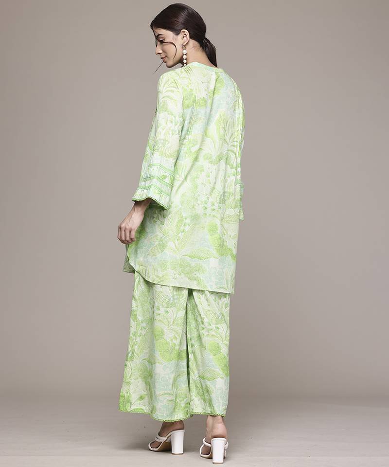 green rayon kurta set with printed work design
