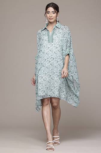 green chiffon kaftan with printed work design