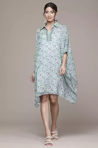 green chiffon kaftan with printed work design