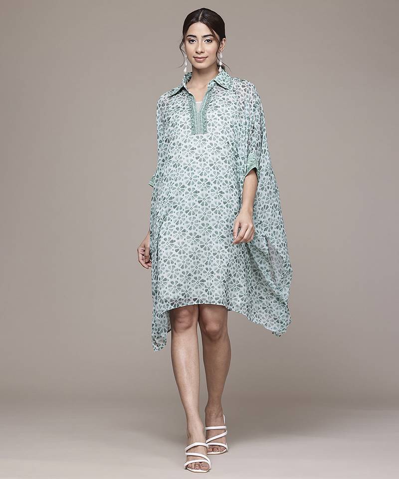 green chiffon kaftan with printed work design