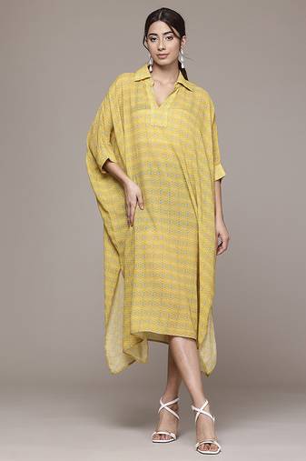 yellow viscose kaftan with printed work design
