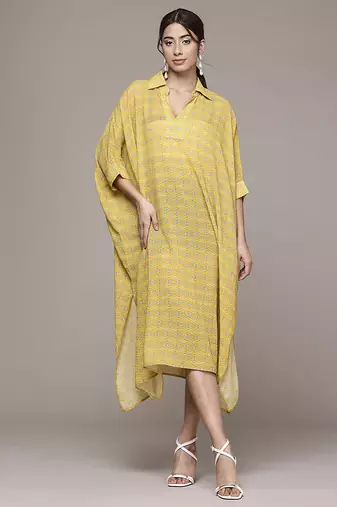 yellow viscose kaftan with printed work design