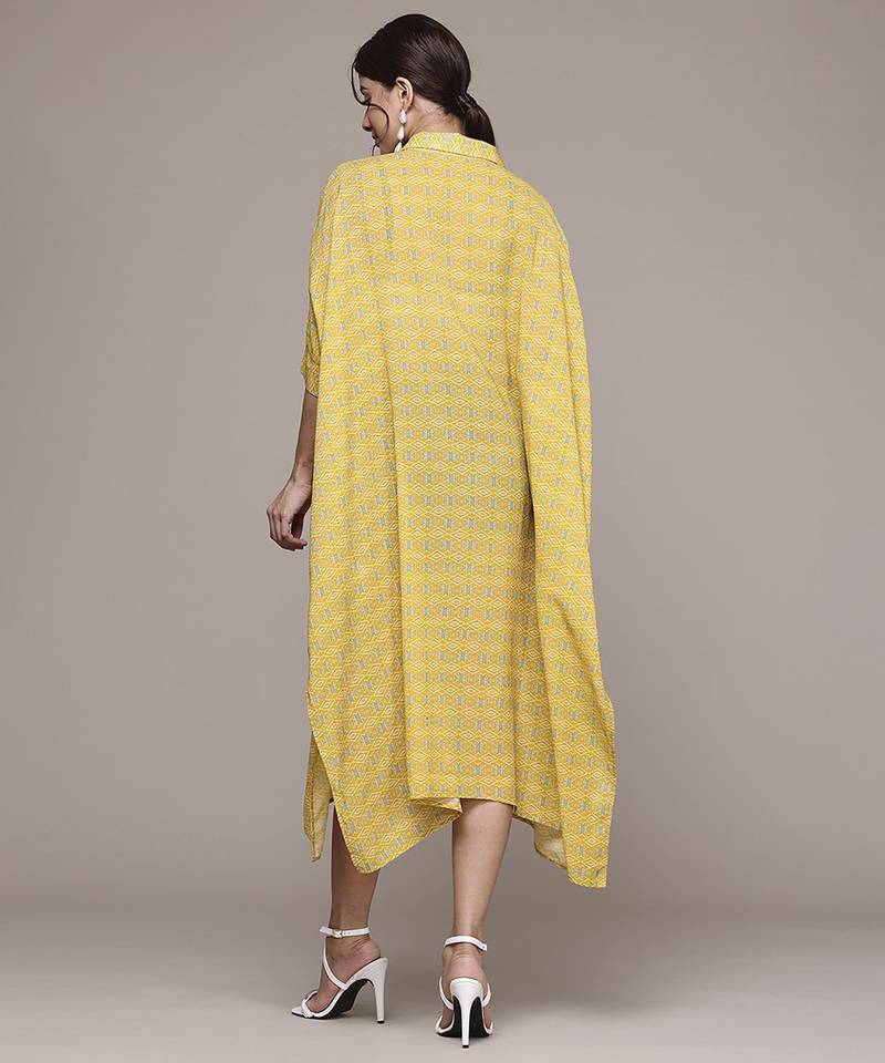 yellow viscose kaftan with printed work design