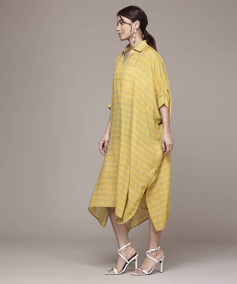 yellow viscose kaftan with printed work design