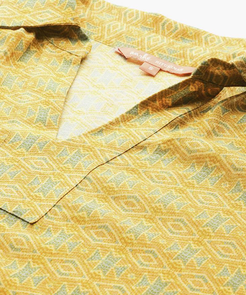 yellow viscose kaftan with printed work design