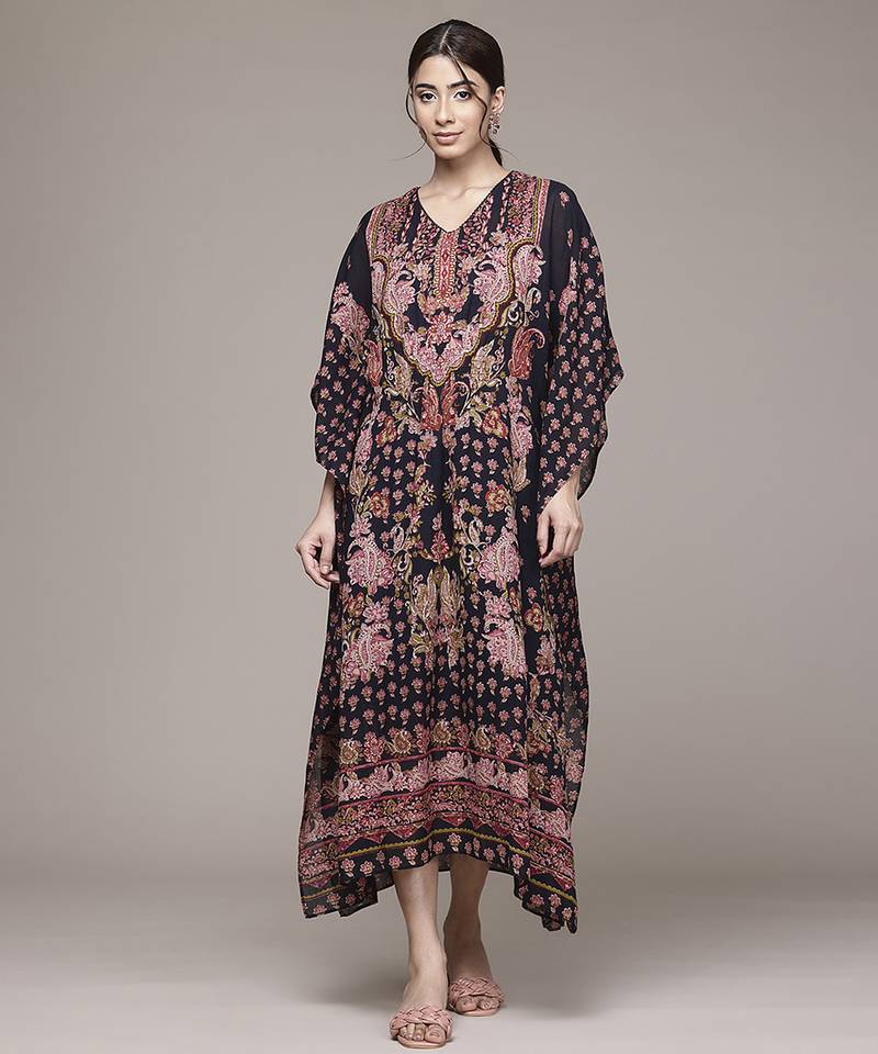black viscose kaftan with printed work design