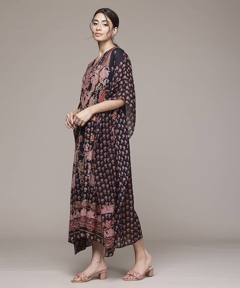 black viscose kaftan with printed work design
