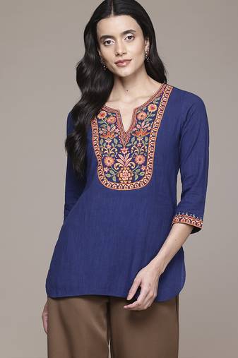 blue cotton kurta with embroidered work