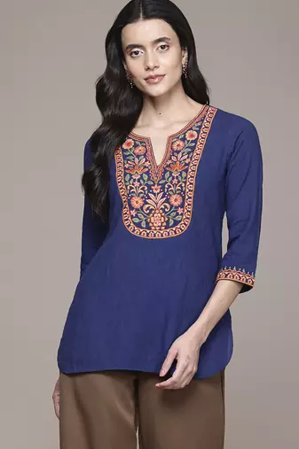 blue cotton kurta with embroidered work