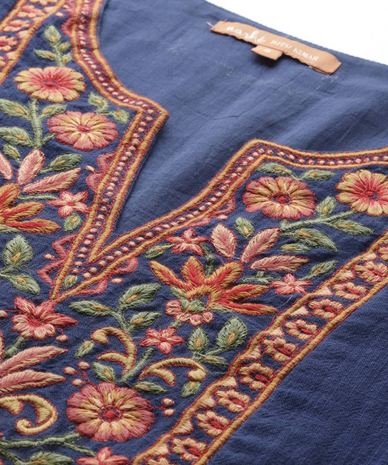 blue cotton kurta with embroidered work