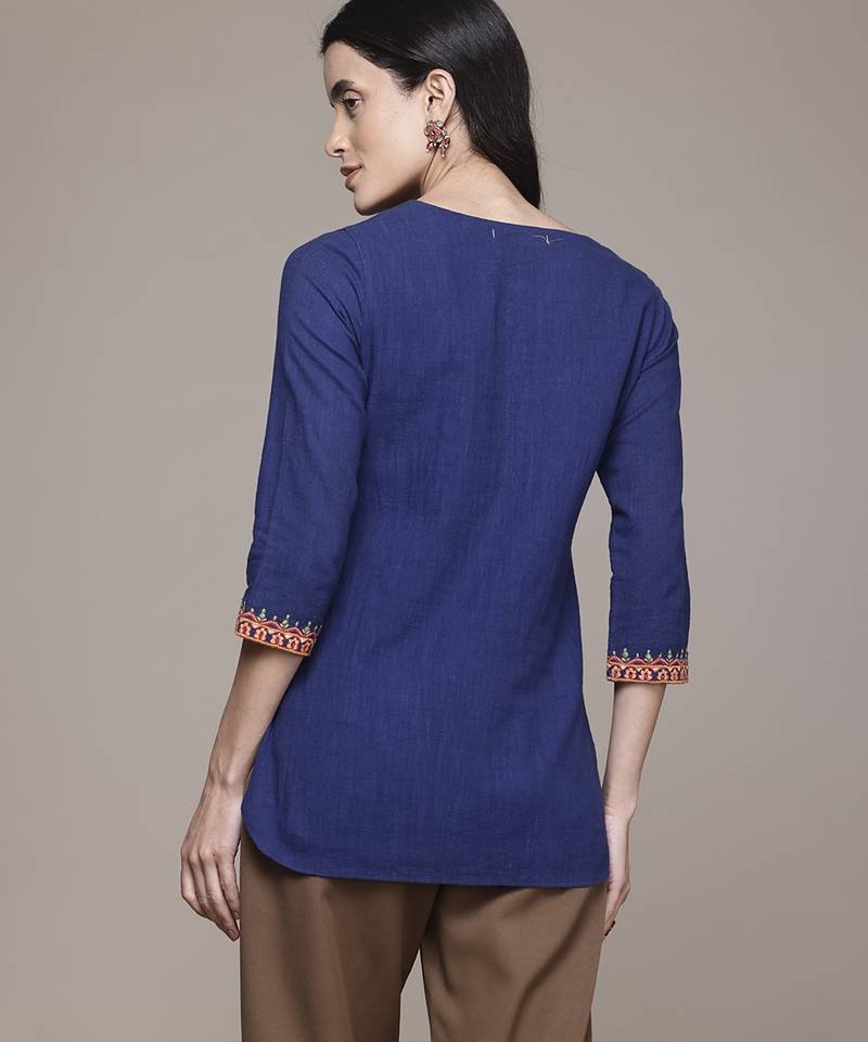 blue cotton kurta with embroidered work