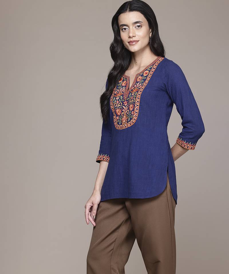 blue cotton kurta with embroidered work