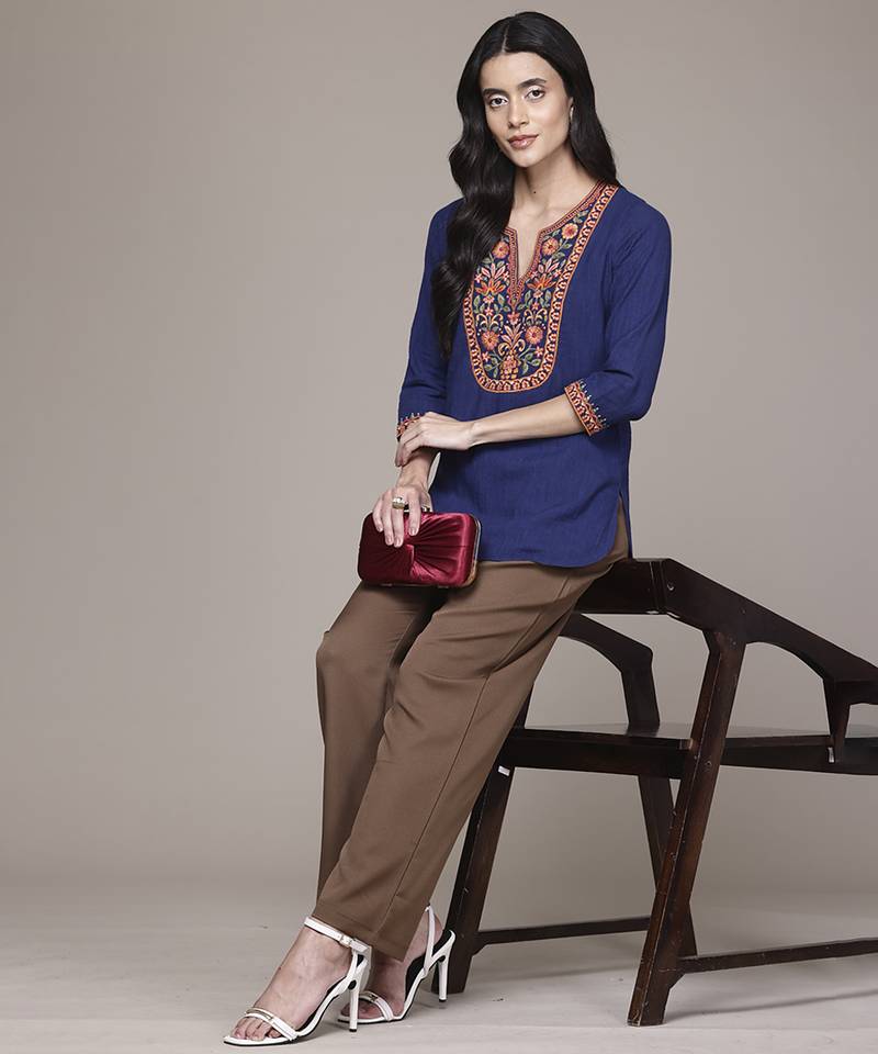 blue cotton kurta with embroidered work
