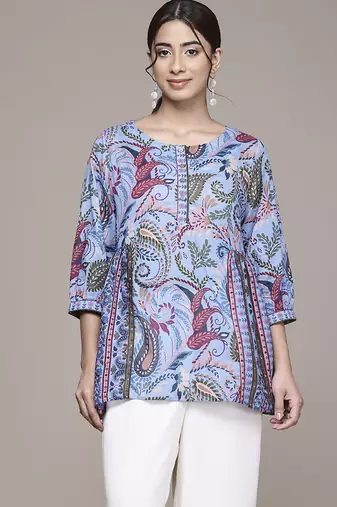blue cotton kurta with printed work design