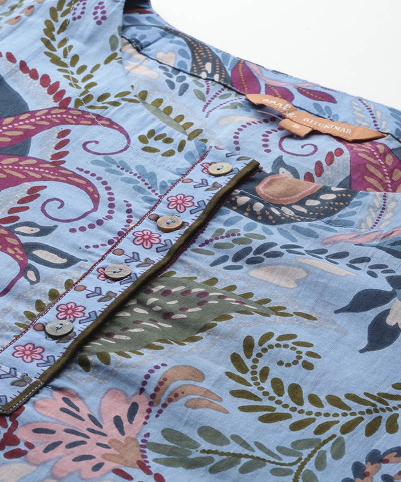 blue cotton kurta with printed work design