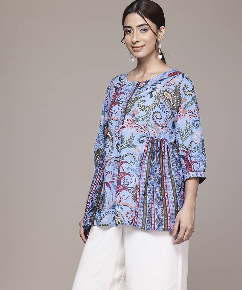 blue cotton kurta with printed work design