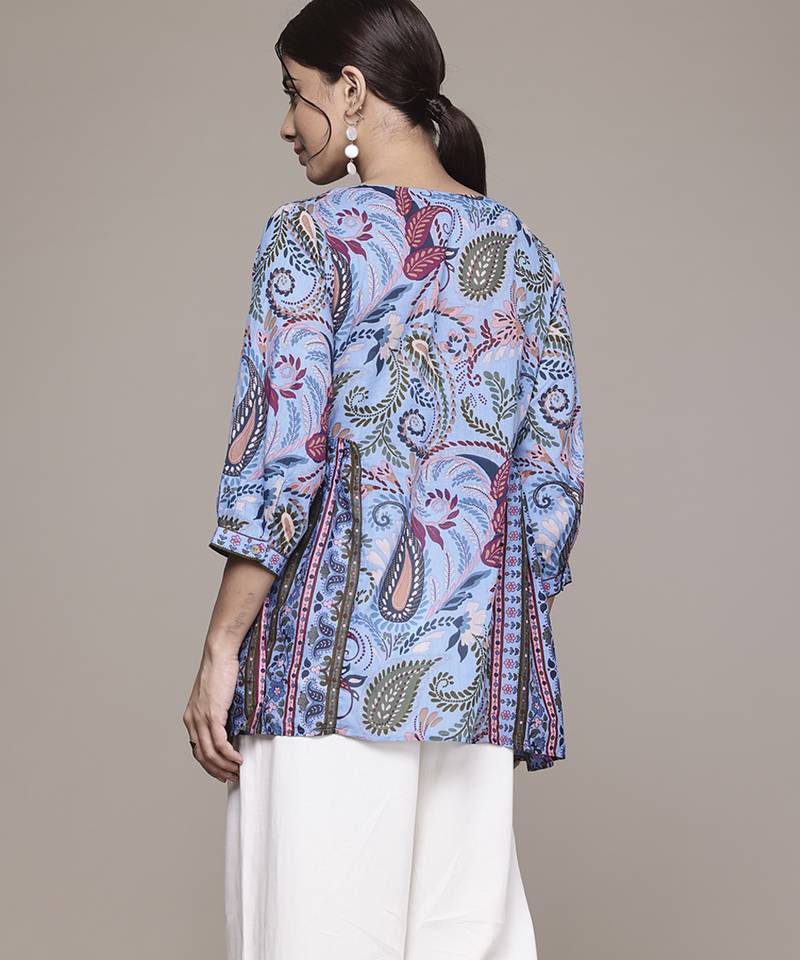 blue cotton kurta with printed work design