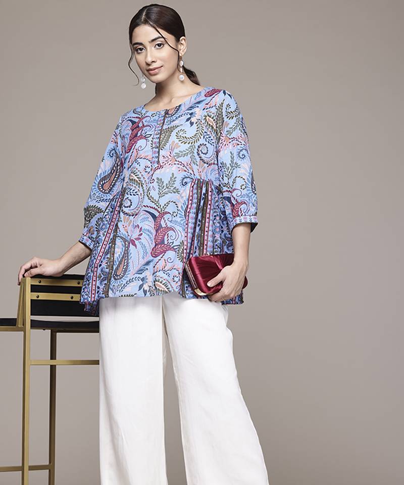 blue cotton kurta with printed work design