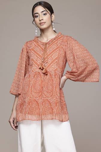 orange chiffon kurta with printed work design