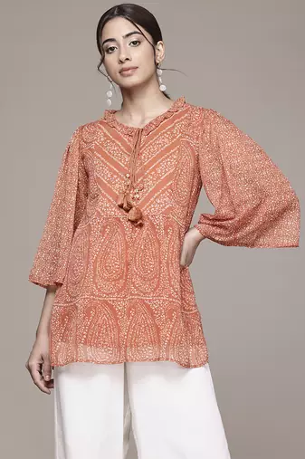 orange chiffon kurta with printed work design
