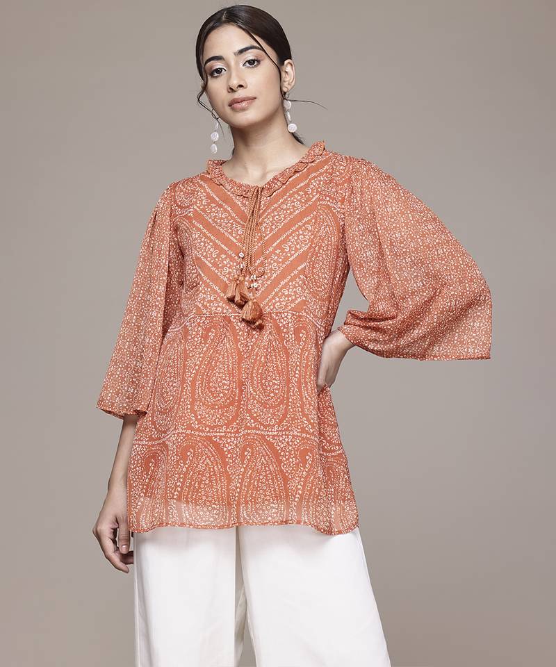 orange chiffon kurta with printed work design