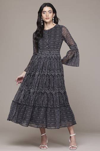 black chiffon dress with printed pattern design