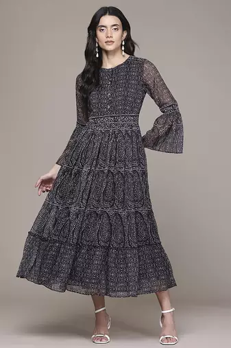 black chiffon dress with printed pattern design