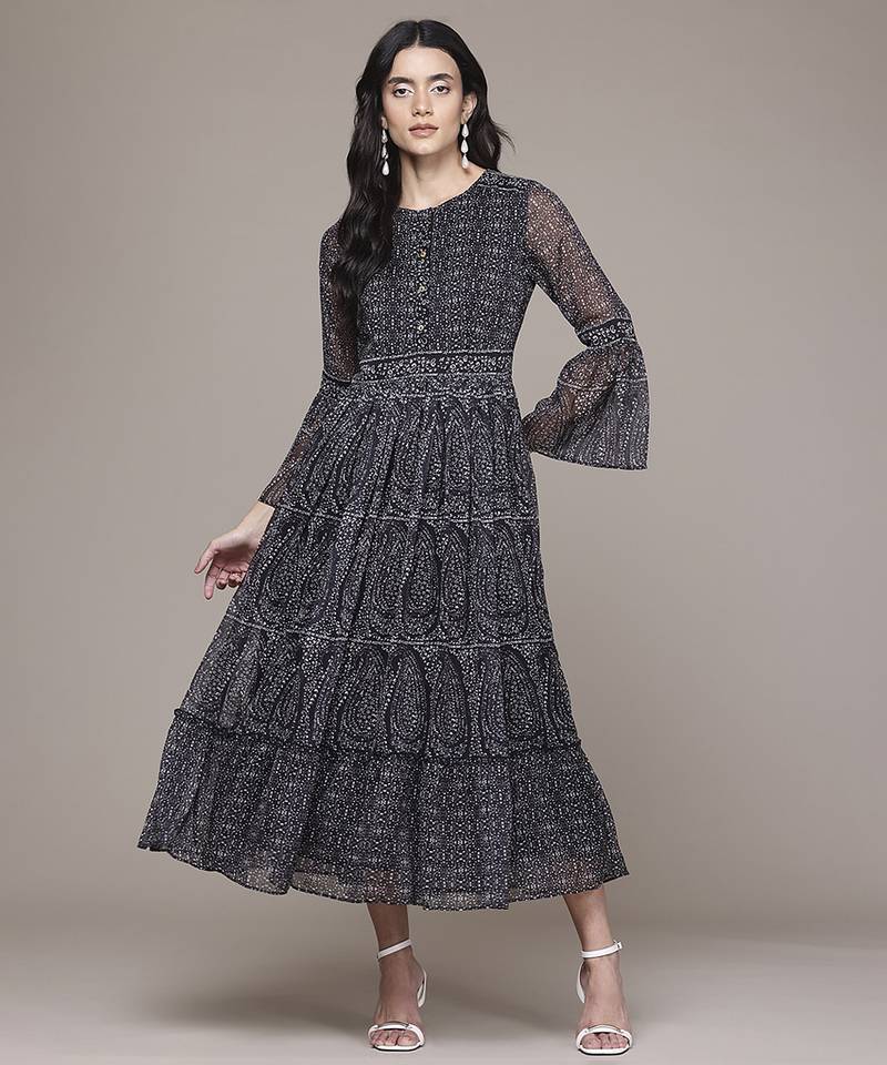 black chiffon dress with printed pattern design