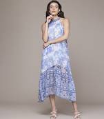 blue chiffon dress with subtle printed style