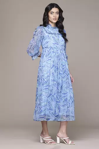 blue chiffon dress with printed pattern design